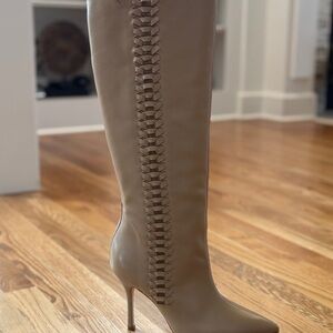 Larroude Kate Peanut Butter Stiletto Boot with Braided Side Detail